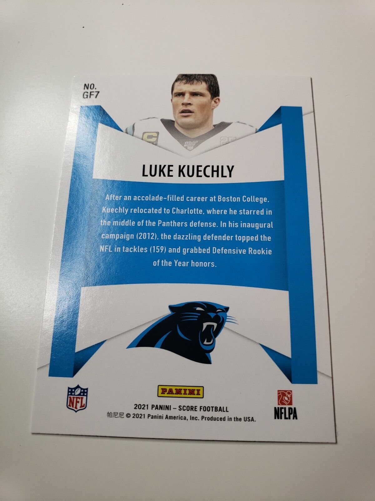 LUKE KUECHLY 2021 PANINI SCORE "GAME FACE" INSERT FOOTBALL CARD GF7 PANTHERS