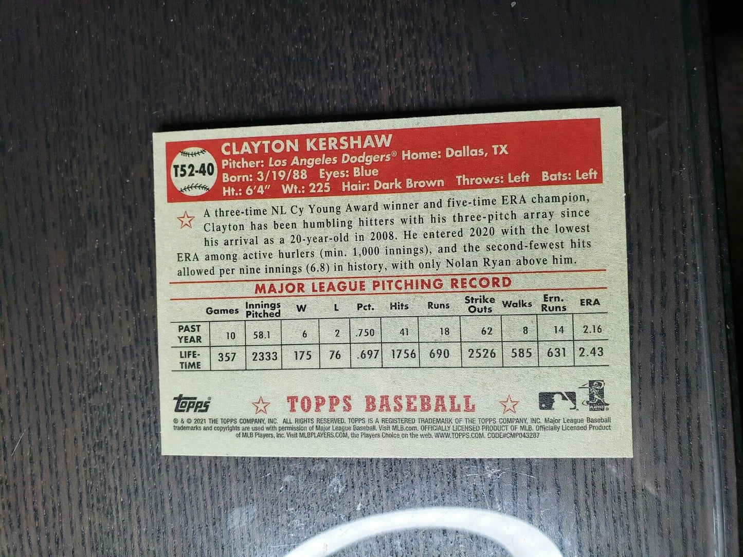 2021 Topps Series 1 - CLAYTON KERSHAW #T52-40 1952 Topps Redux Insert - DODGERS