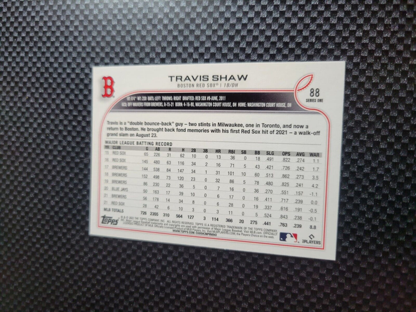 2022 Topps Series 1 Baseball Base card Travis Shaw #88 Boston Red Sox NM