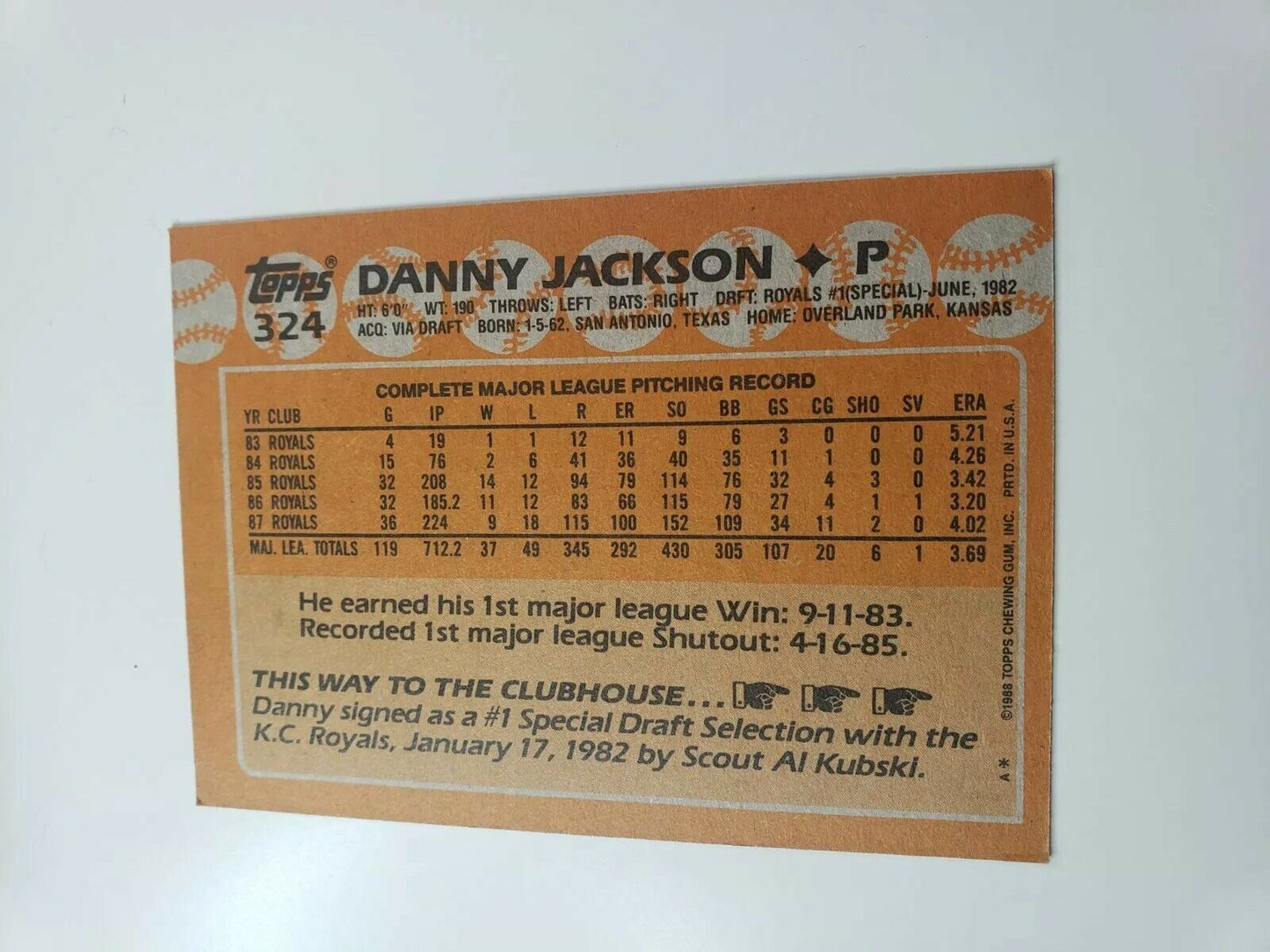 1988 Topps Danny Jackson Kansas City Royals #324 MLB Baseball Card