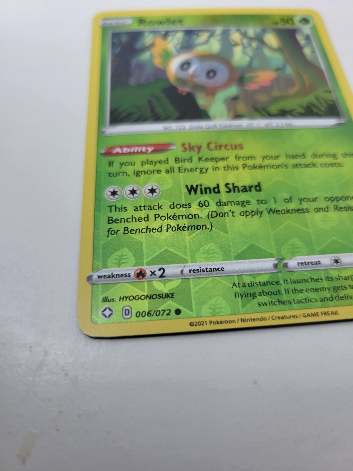 Pokémon TCG Rowlet Shining Fates 006/072 Reverse Holo Common Card NM 2021