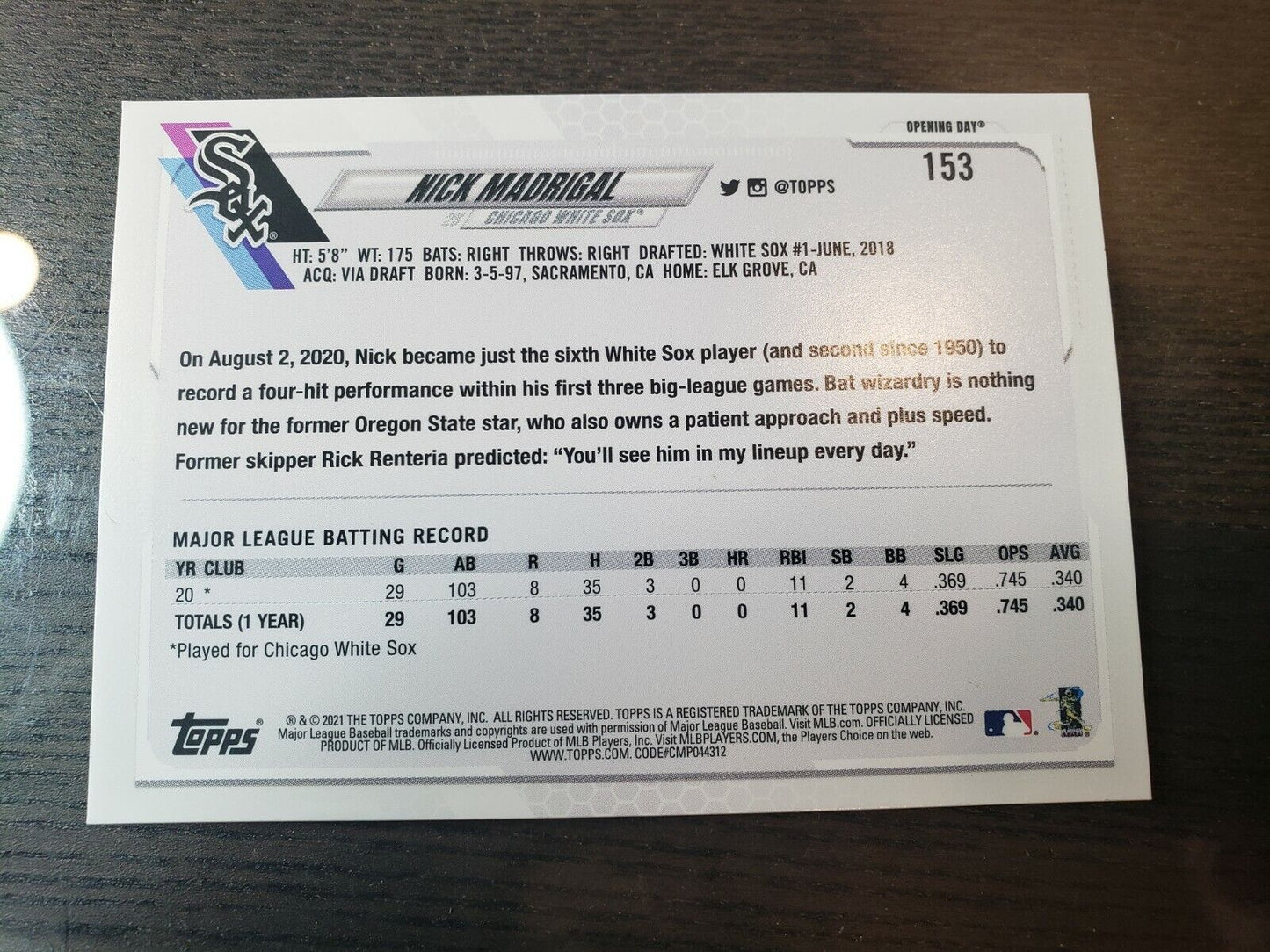 2021 Topps Opening Day #153 Blue Foil Nick Madrigal RC Chicago White Sox