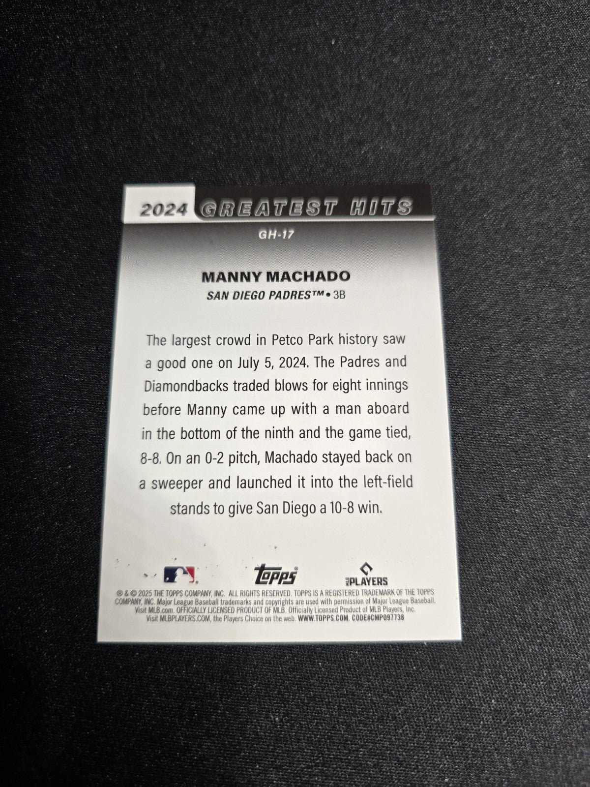 2025 Topps Series 1 Manny Machado GH-17 Greatest Hits 7/5/24 Padres NM