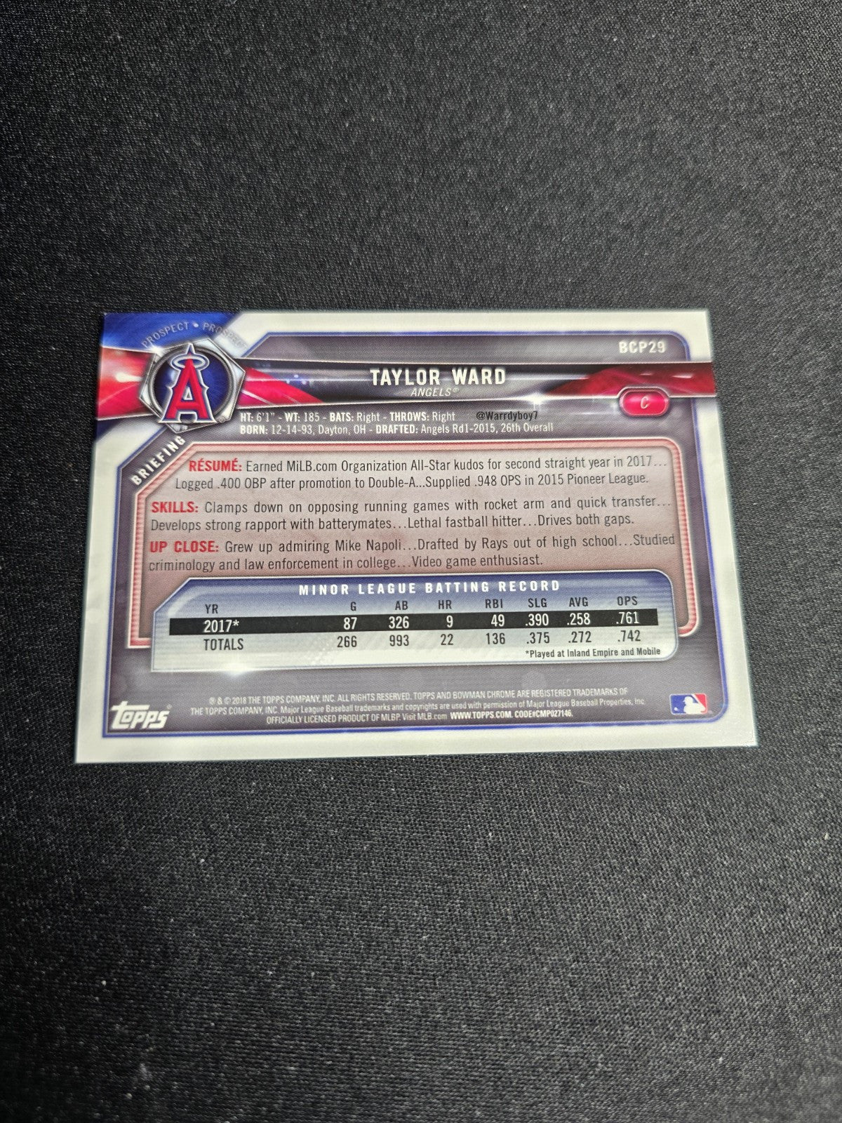 2018 Bowman Taylor Ward Chrome Green Refractor 56/99 BCP29 Los Angeles Angels NM