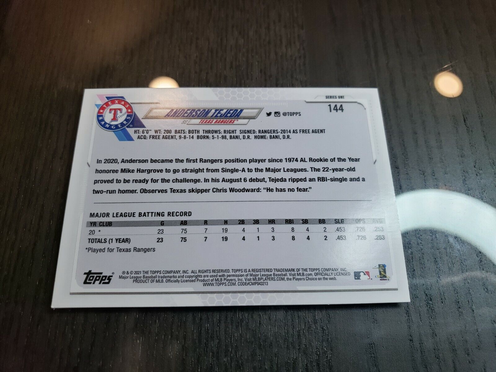 Anderson Tejada RC Rookie 2021 Topps Series 1 #144 Texas Rangers