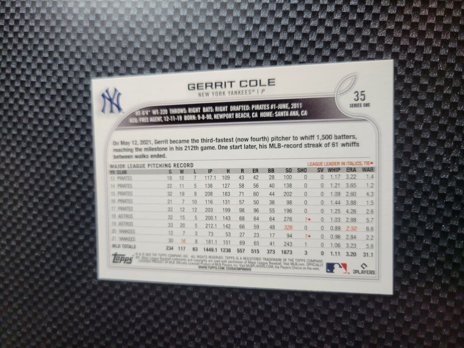 2022 Topps Series 1 Baseball #35 Gerrit Cole New York Yankees Base Card NM