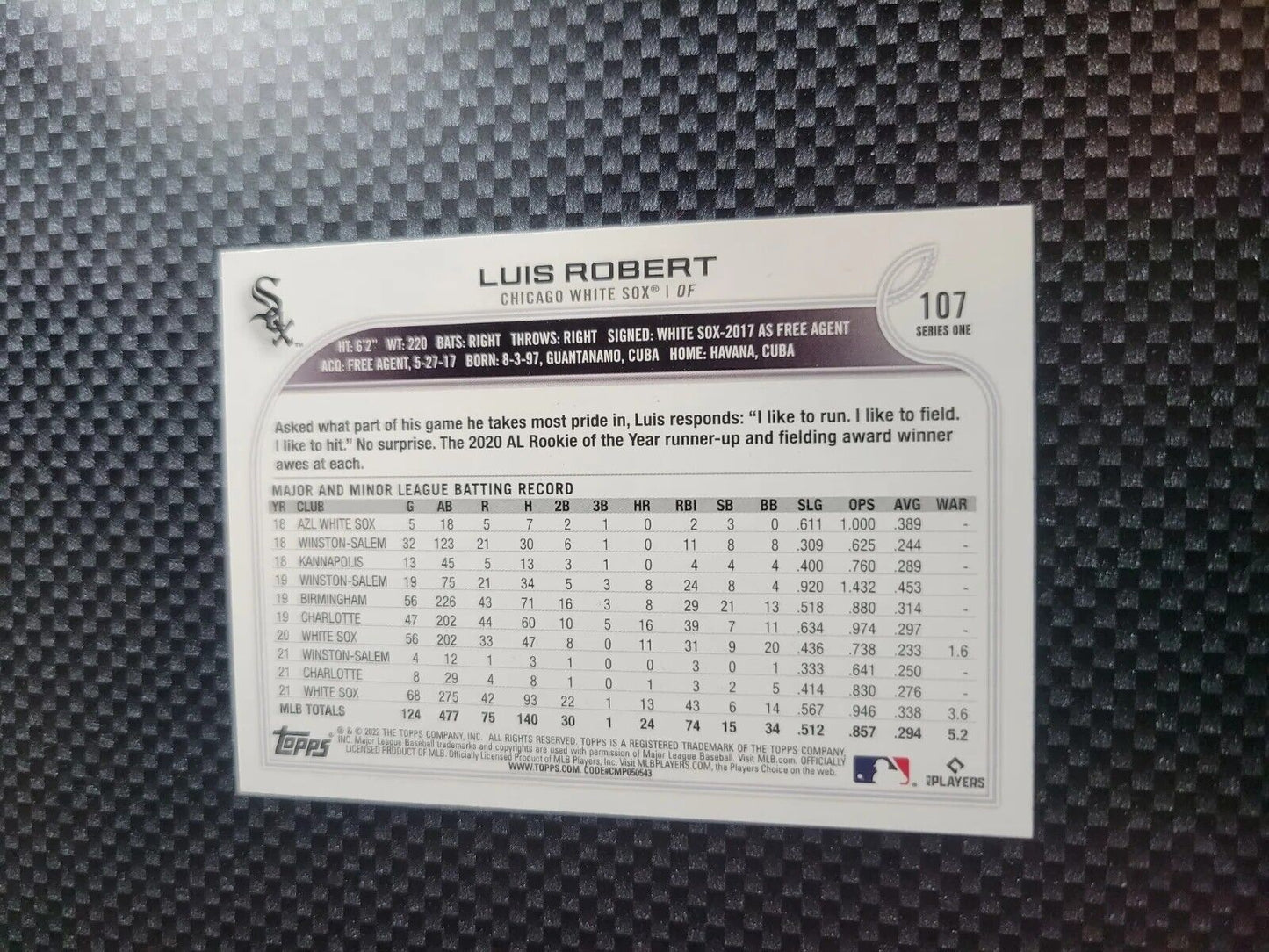 2022 Topps Series 1 Luis Robert  Chicago White Sox Base Card NM 