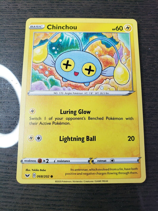 Pokemon TCG Chinchou 68/202 Sword & Shield Base Set Common card NM 2020